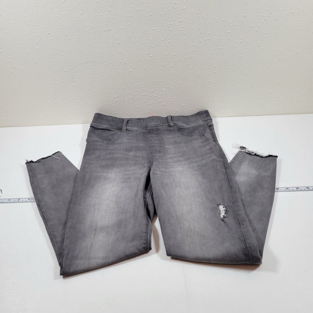 Spanx‎ Ankle Skinny Jeans Womens Large Gray Excellent Distressed Raw Hem Pull On